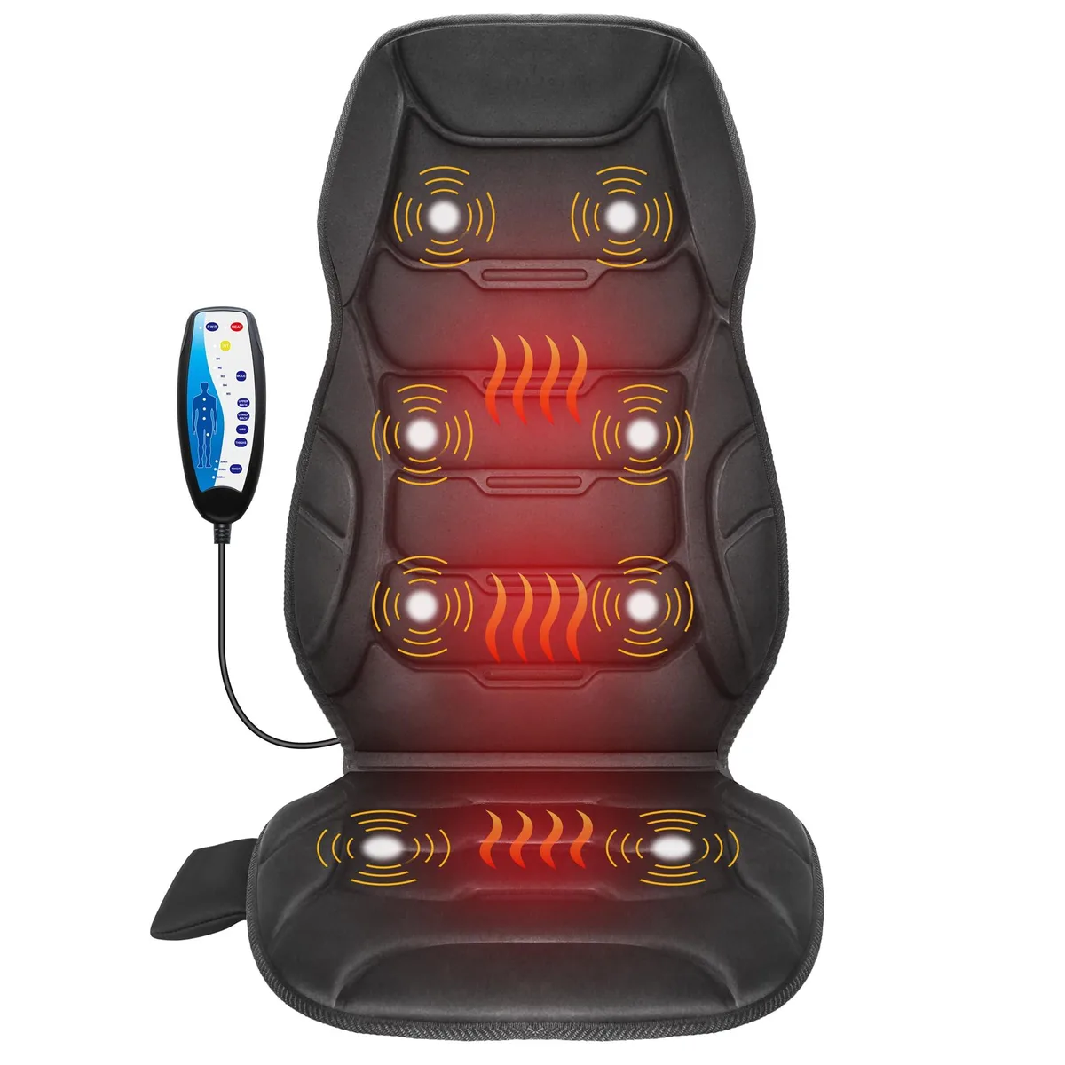 Black massage mat with vibration nodes and heat, folded flat