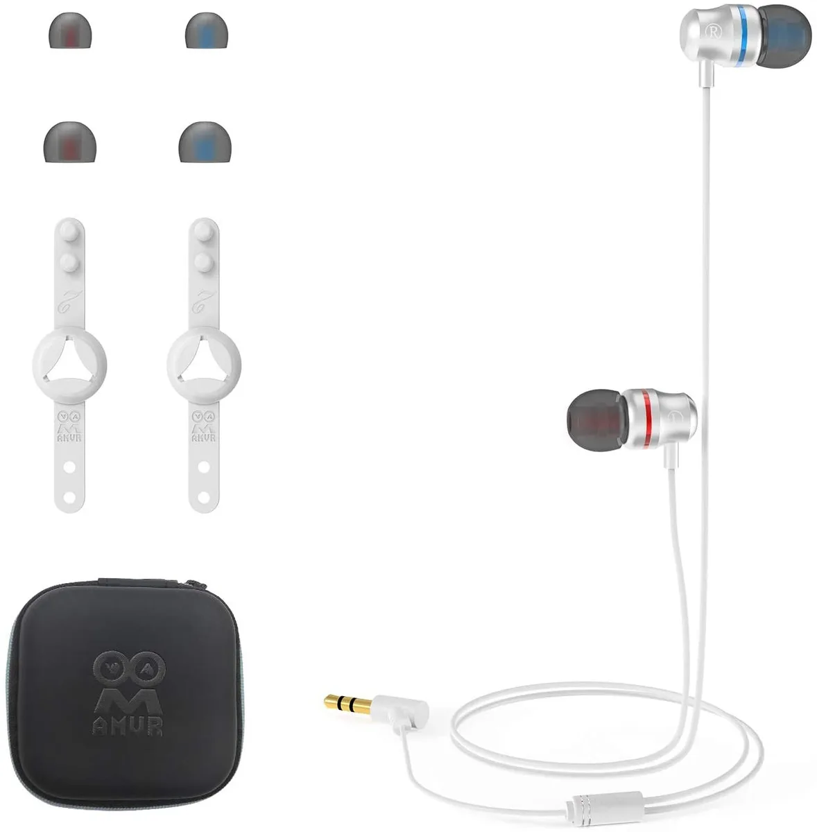 White in-ear earbuds with short left cable and longer right cable, aluminium finish, L and R markers, plus silicone holders and tip set