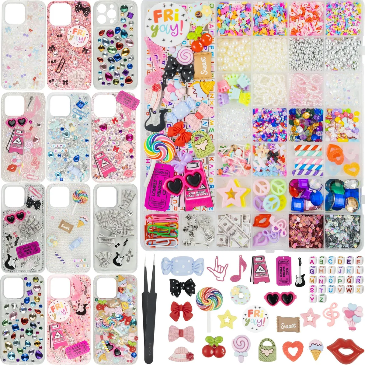 Open compartment box filled with multicolour plastic charms beads and flatback rhinestones