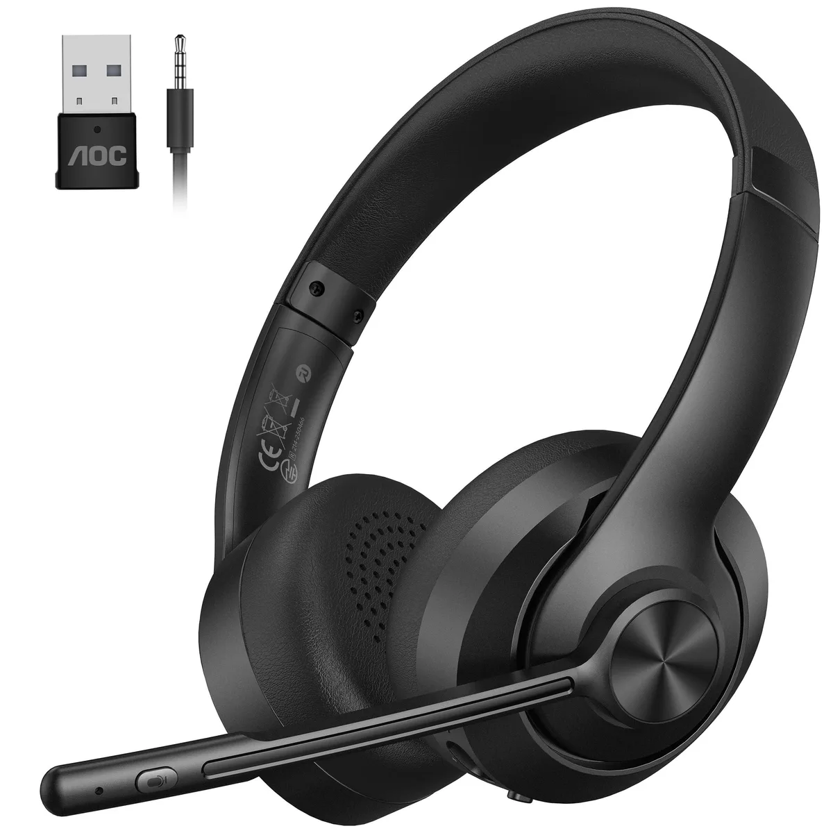 Black on-ear Bluetooth 5.4 headphones with flexible mic and USB-A dongle