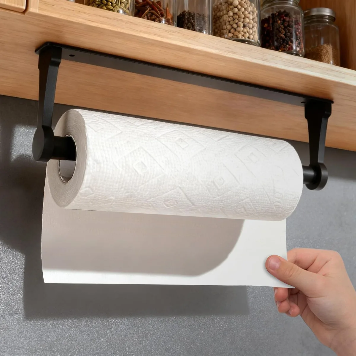 Black Paper Towel Holder Under Cabinet Telescopic Rod Adhesive Mount — product photo
