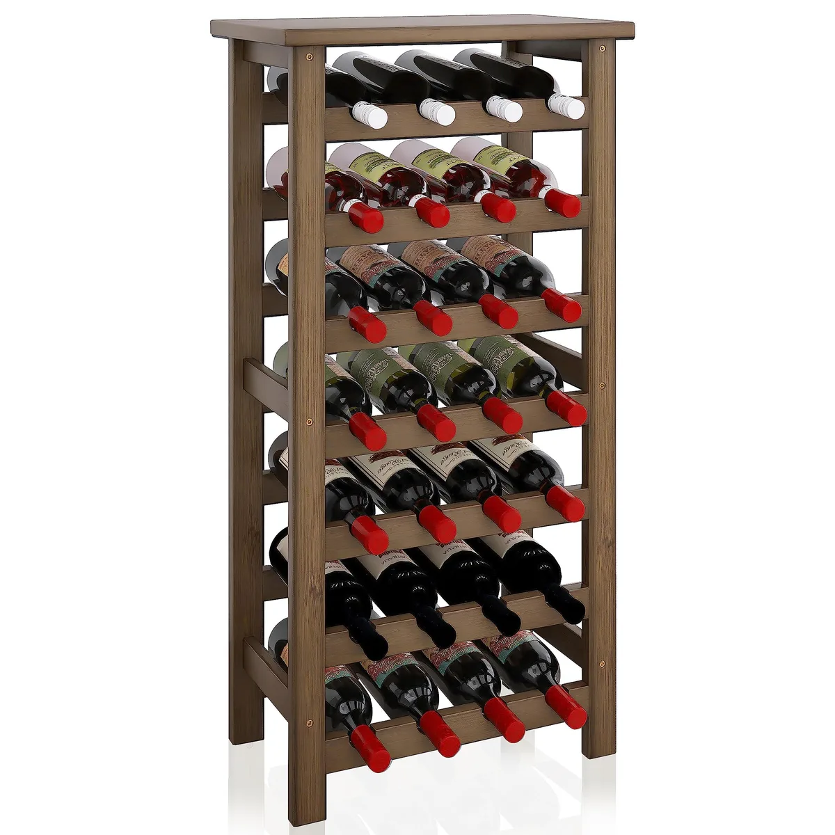 Seven-tier bamboo wine rack in walnut finish with stainless steel top, holds twenty-eight bottles