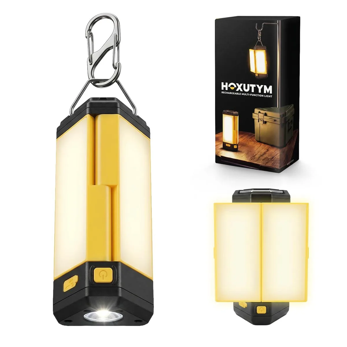 Yellow rectangular lantern with foldable COB panels, magnetic base, hook and USB-C port
