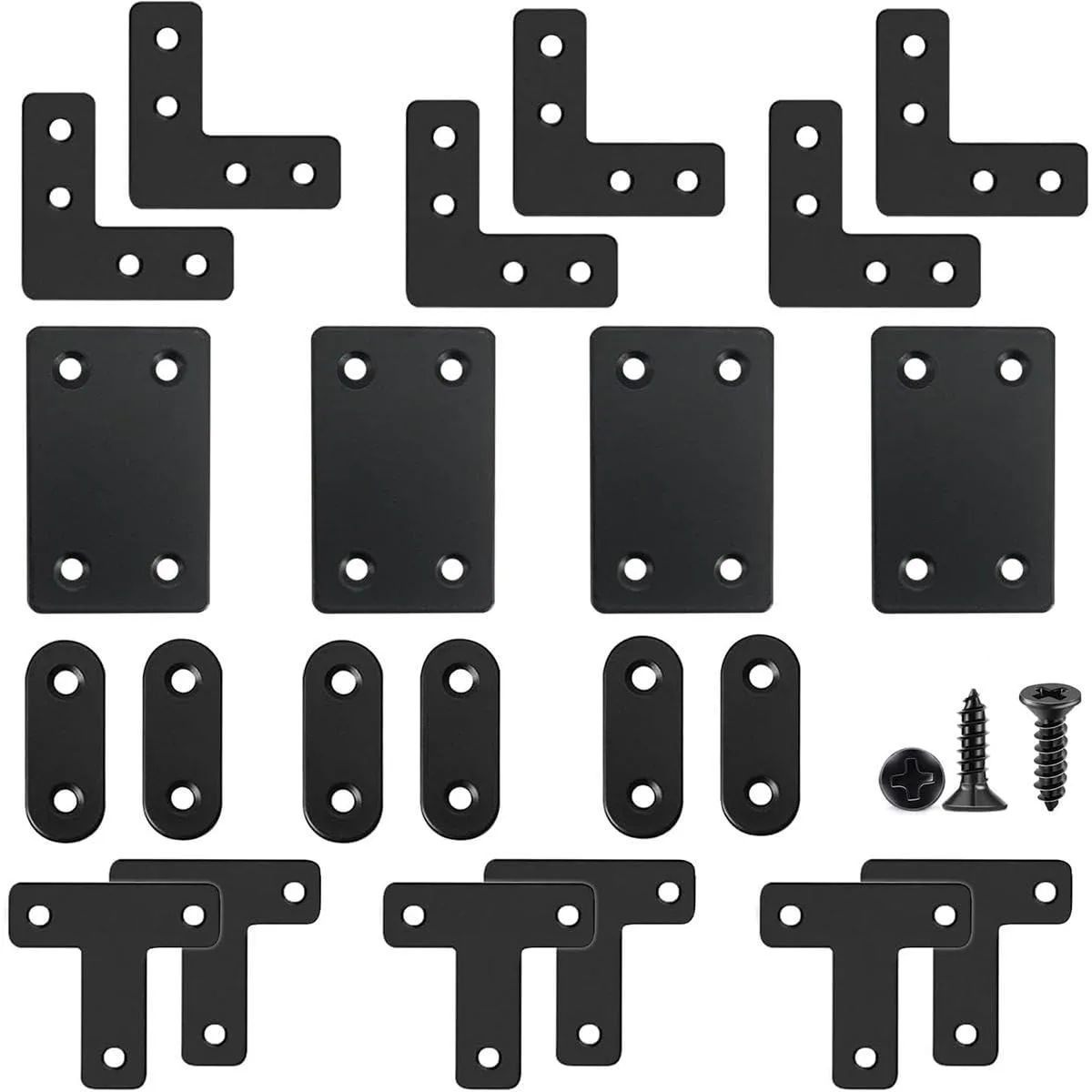 Black stainless steel bracket set with T, L, square and strip shapes plus screws