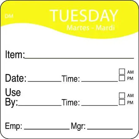 Yellow square dissolvable paper labels for Tuesday, 250 count