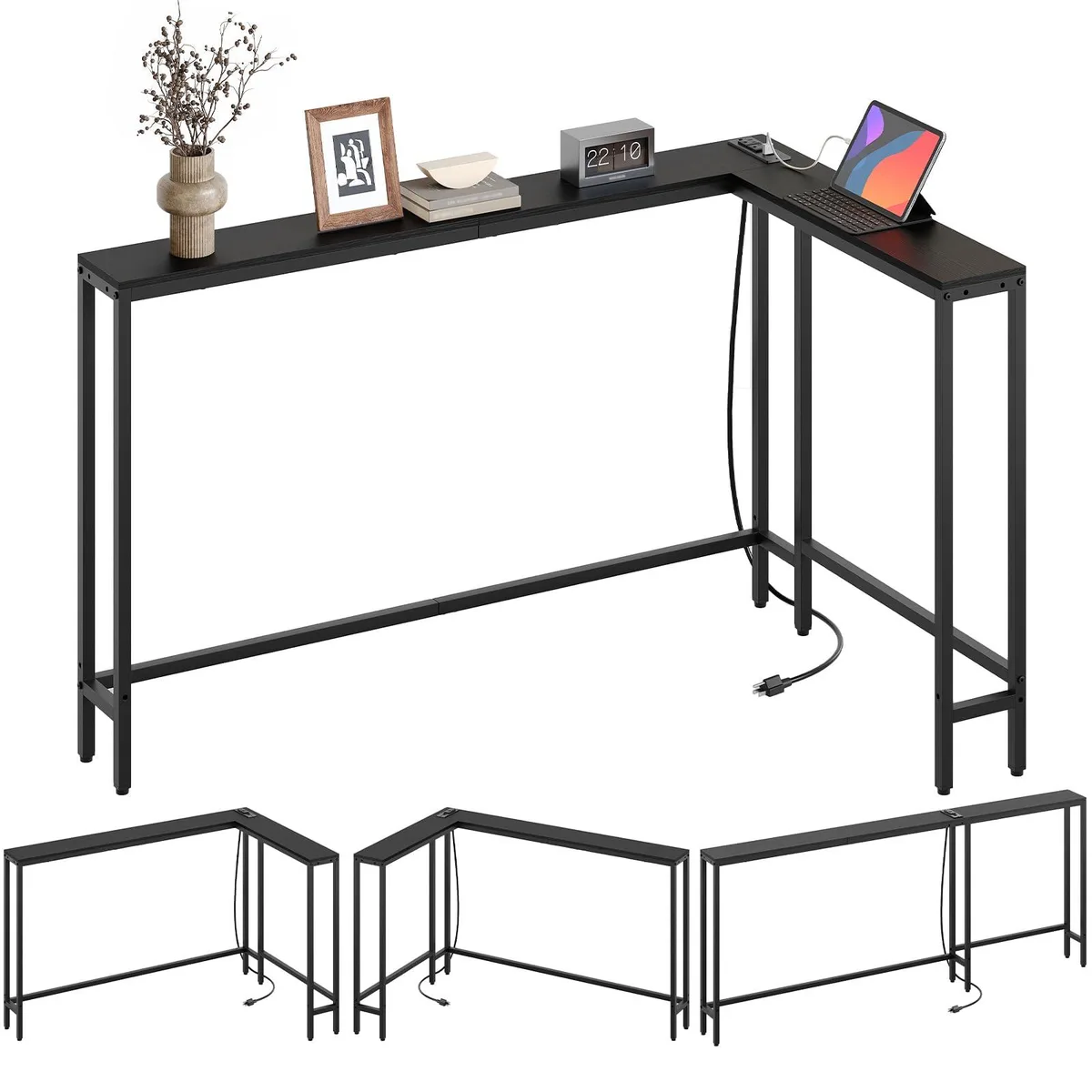 Long narrow black console table 70.9 inches wide with built-in power strip