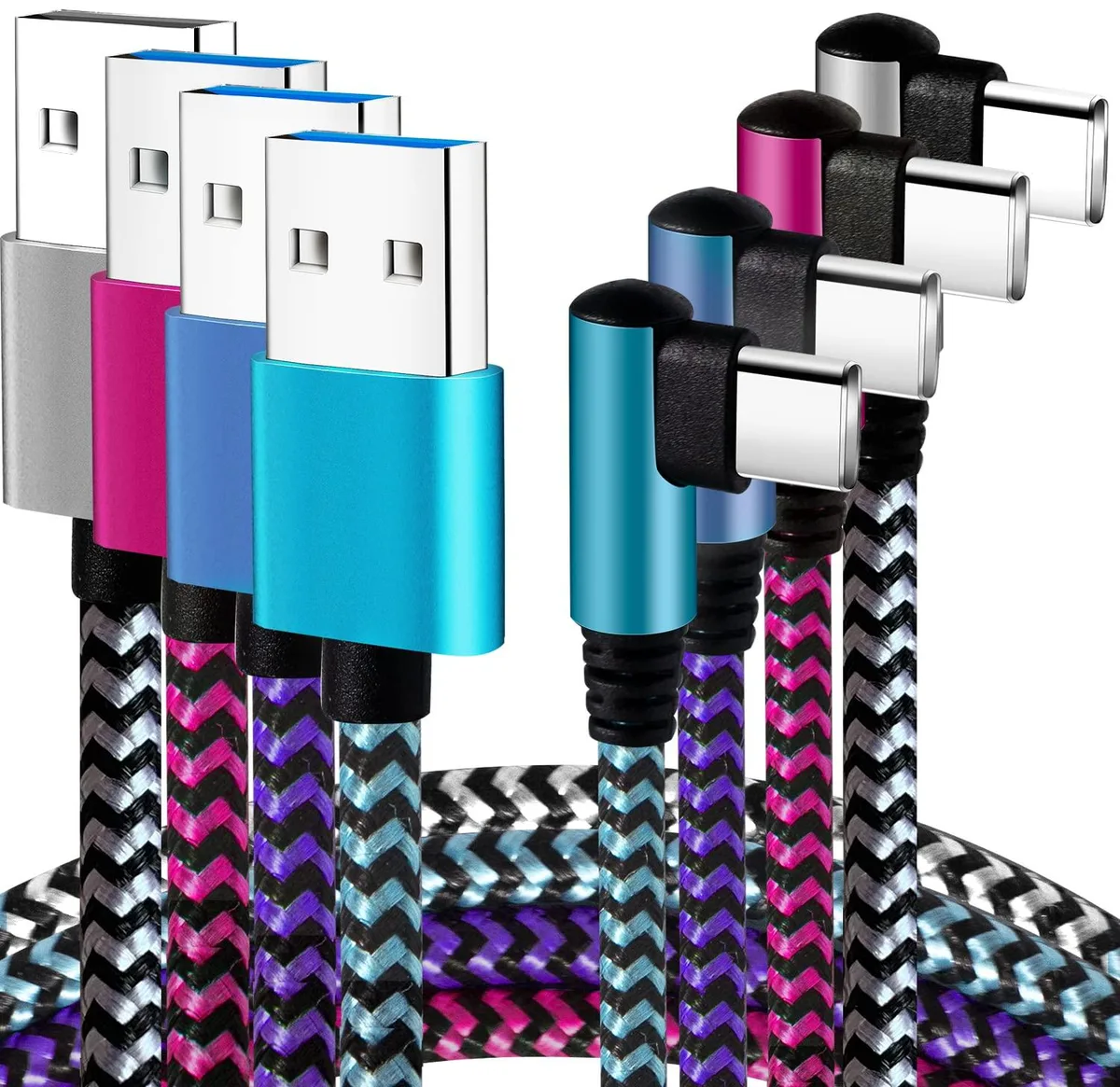 Four braided USB-C cables with right-angle connectors in black, blue, purple, and magenta