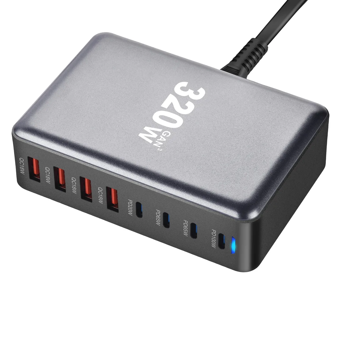 LUOM LUOM GAN320W 320W 8-Port USB A/C Quick Charge Charger MacBook Pro Air XPS iPhone 16 15 Pro Black — product photo