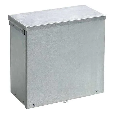 Gray galvanized steel electrical enclosure with screw-on solid cover, wall-mountable, 8 by 8 by 4 inches