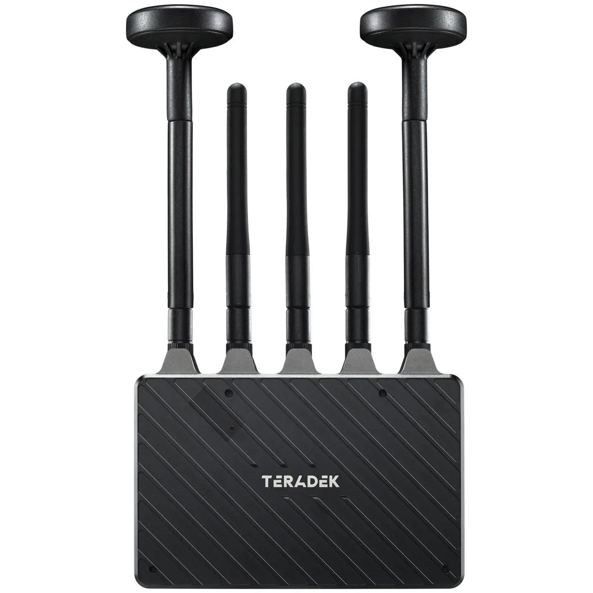 Compact black wireless video receiver with two antennas, HDMI and SDI ports, and a small display
