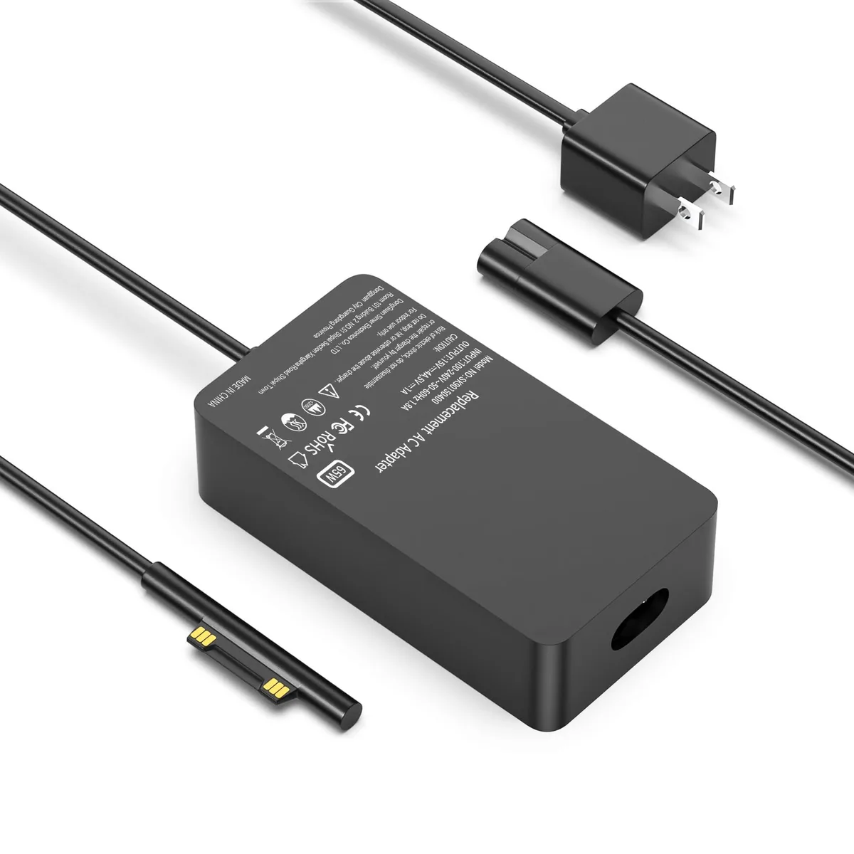 Compact black 65W Surface power adapter with detachable AC cord and USB-A port