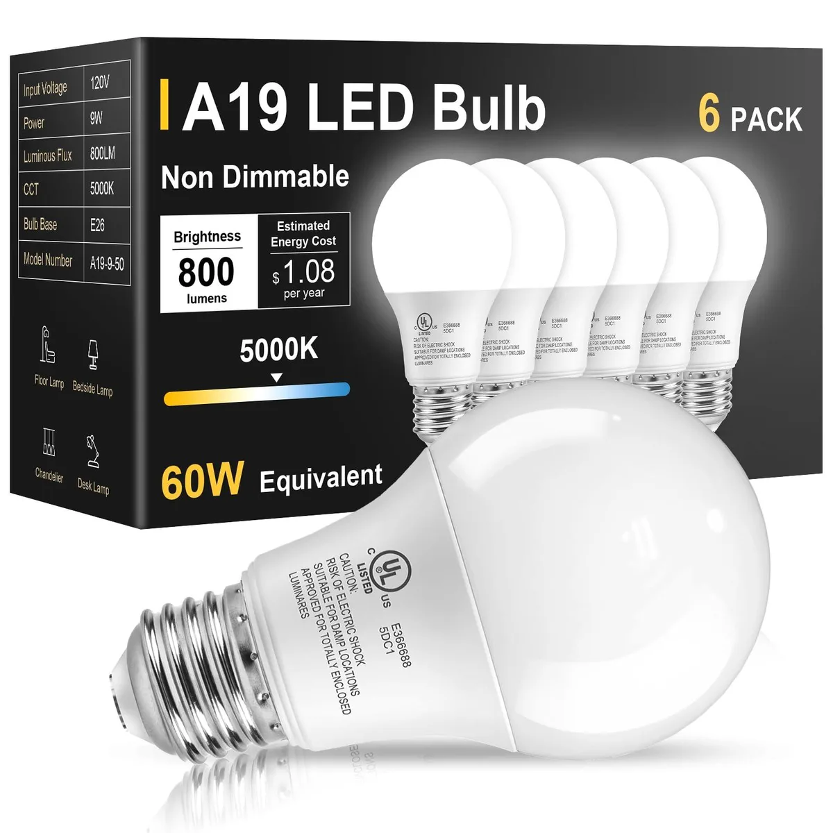  Tjoy 6 Pack LED Light Bulbs 60W Equivalent 5000K A19 E26 800LM Non-Dimmable — product photo