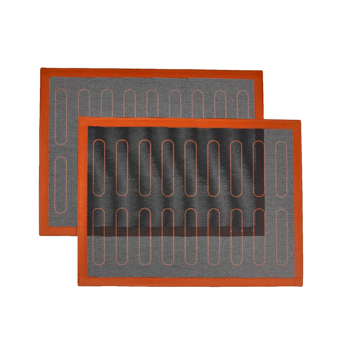 Two rectangular silicone baking mats, black with red and white accents, 15.7 by 11.8 inches
