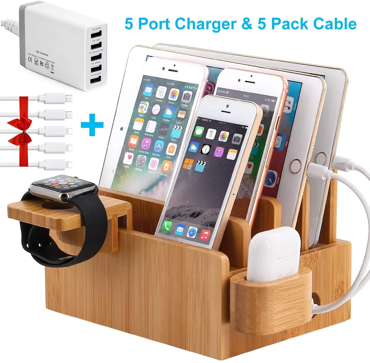 Pezin &amp; Hulin Pezin &amp; Hulin Bamboo Charging Stand with 5-Port USB Charger and Cables — product photo
