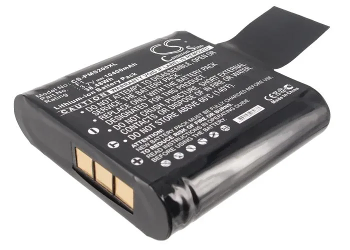 Rectangular replacement battery, dark plastic casing, printed label with model list