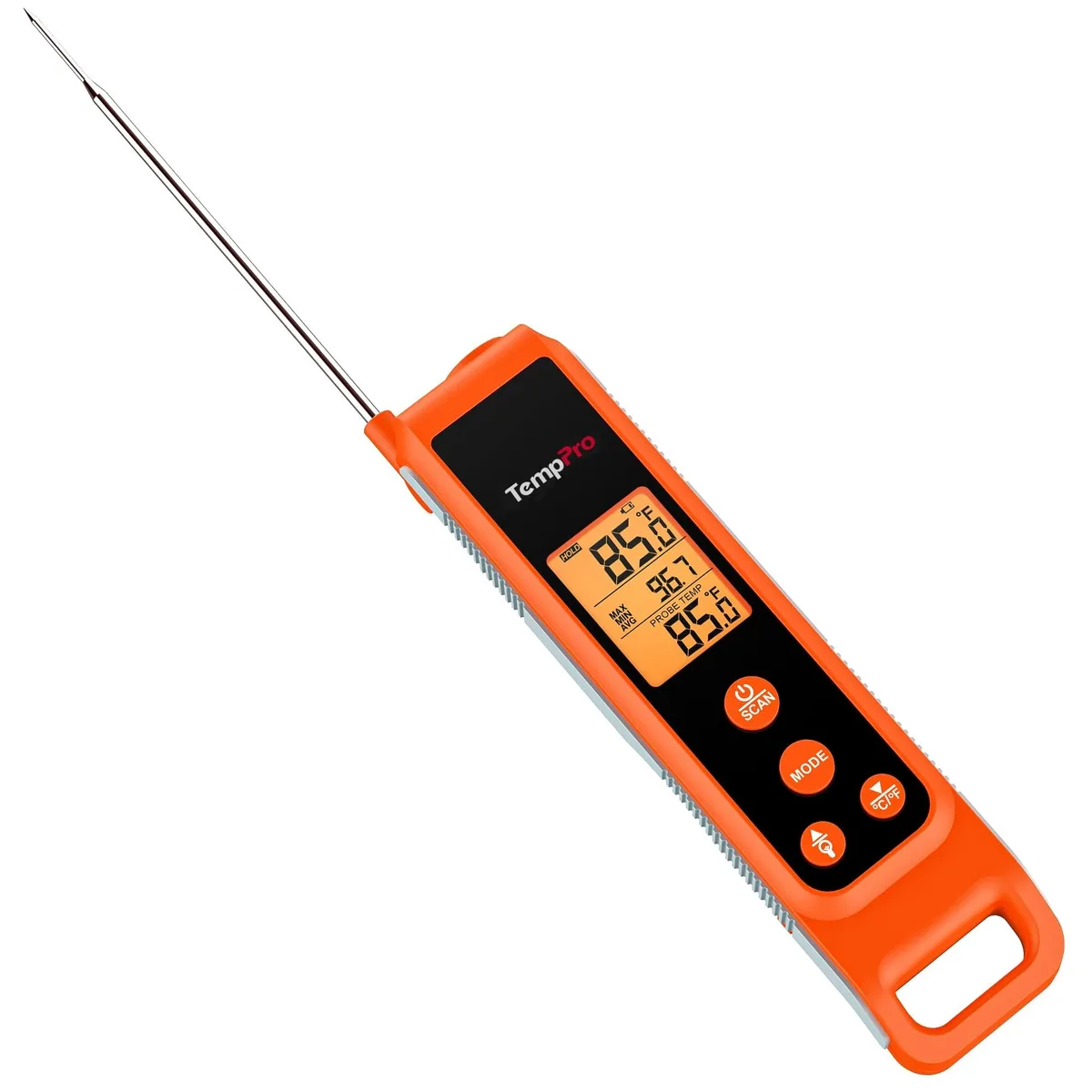 Orange 2-in-1 infrared thermometer gun with fold-out meat probe
