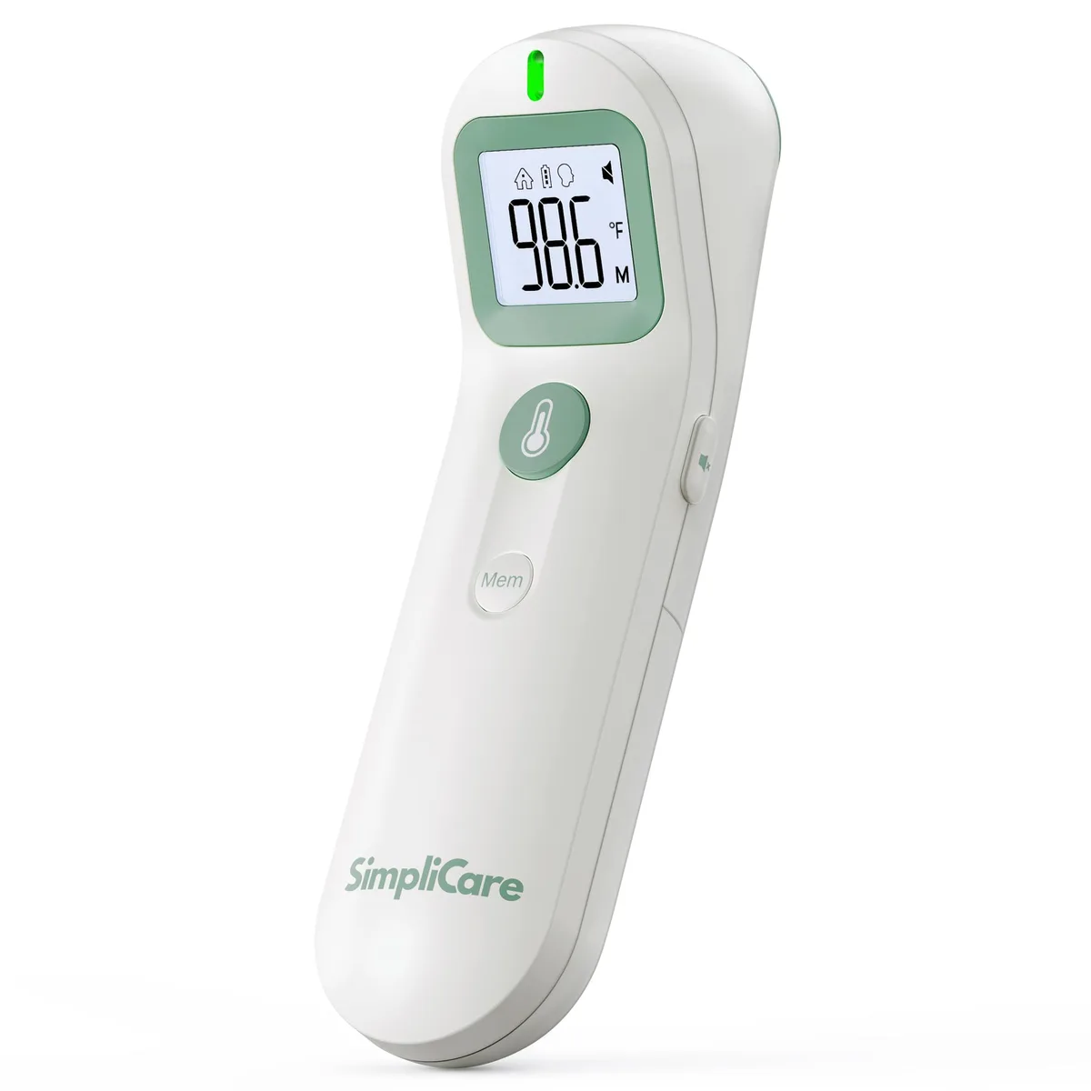 White handheld infrared thermometer with sensor tip and display