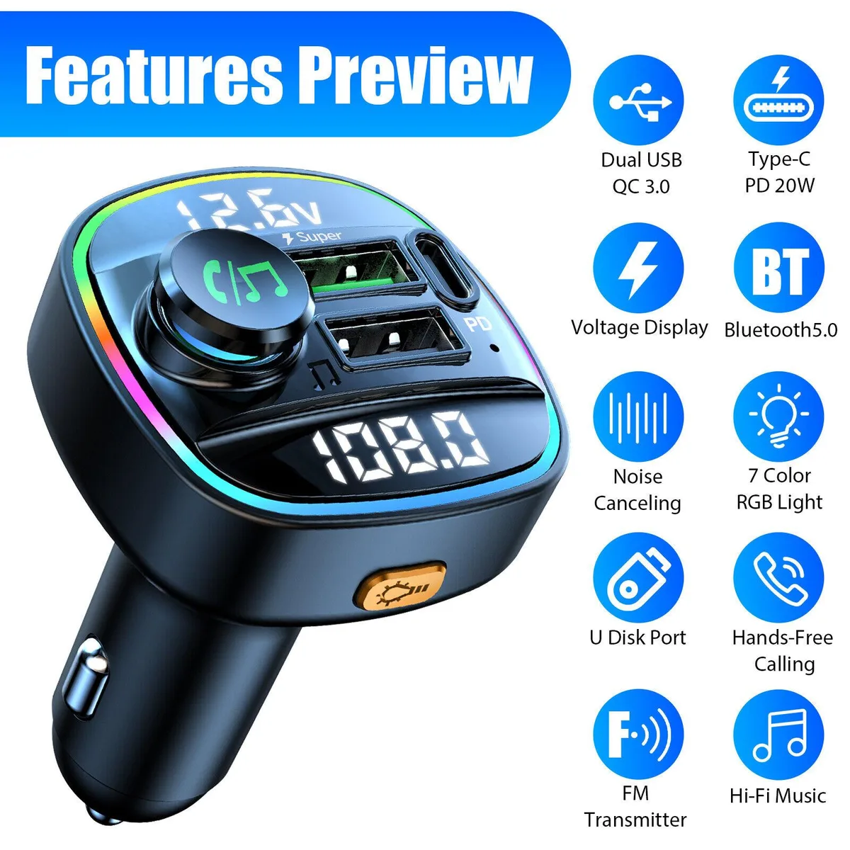 WUQ WUQ Car Bluetooth FM Transmitter 3-Port Charger 5.0 — product photo