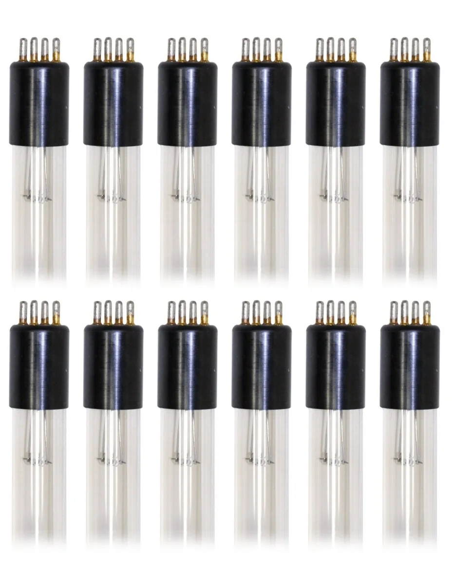Twelve clear 34-inch T5 fluorescent tubes with 4-pin G10q bases
