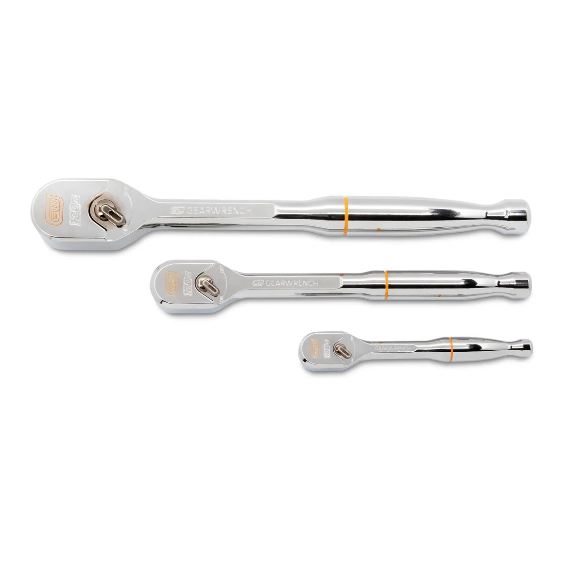 Three full-polish chrome ratchets in 1/4, 3/8 and 1/2 inch drives with compact teardrop heads and contoured handles