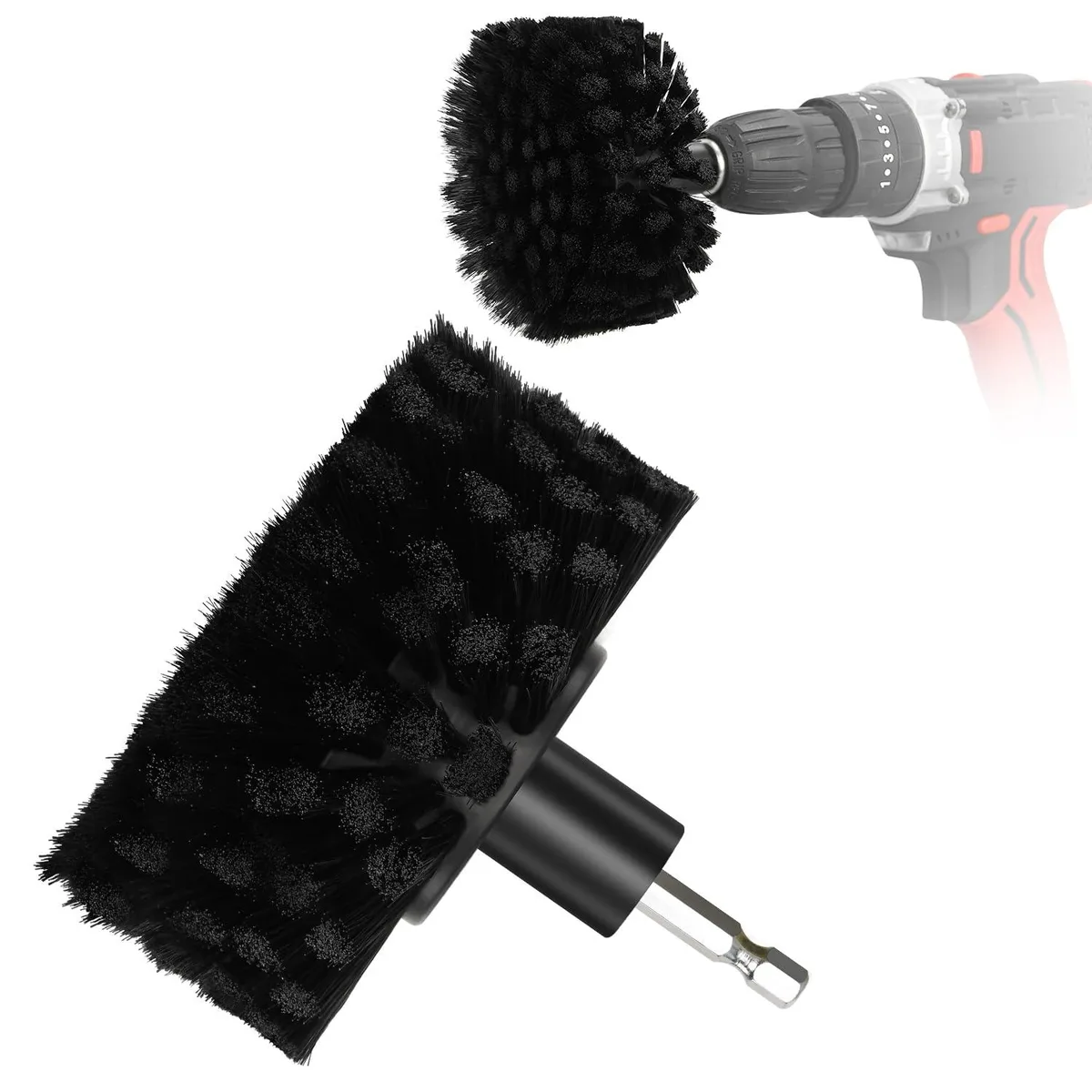 Black soft nylon bristle drill brush with nickel-plated quarter-inch shaft