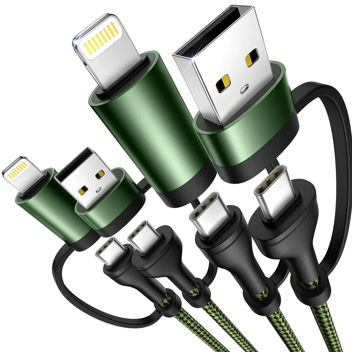 Two green braided 4-in-1 USB cables coiled together, 6.6 ft each