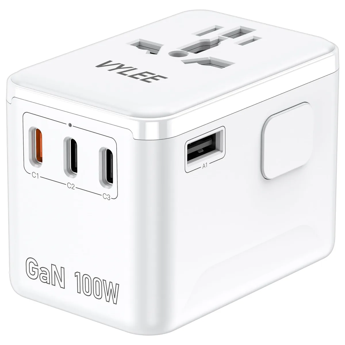 White rectangular travel adapter with four interchangeable plug sliders and five charging ports