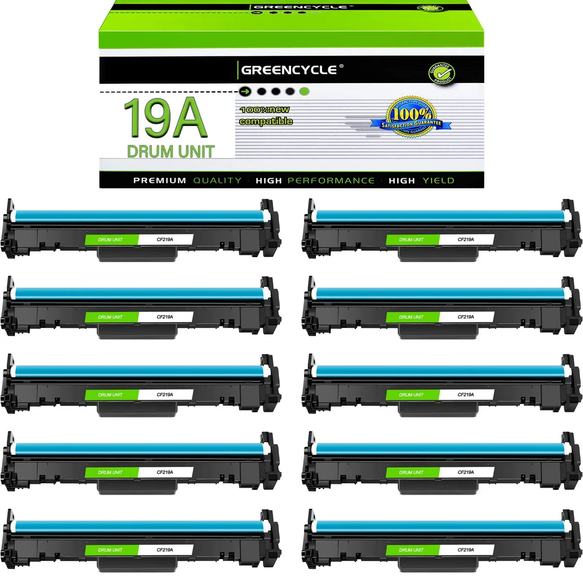 Ten black drum units in a rectangular cardboard box