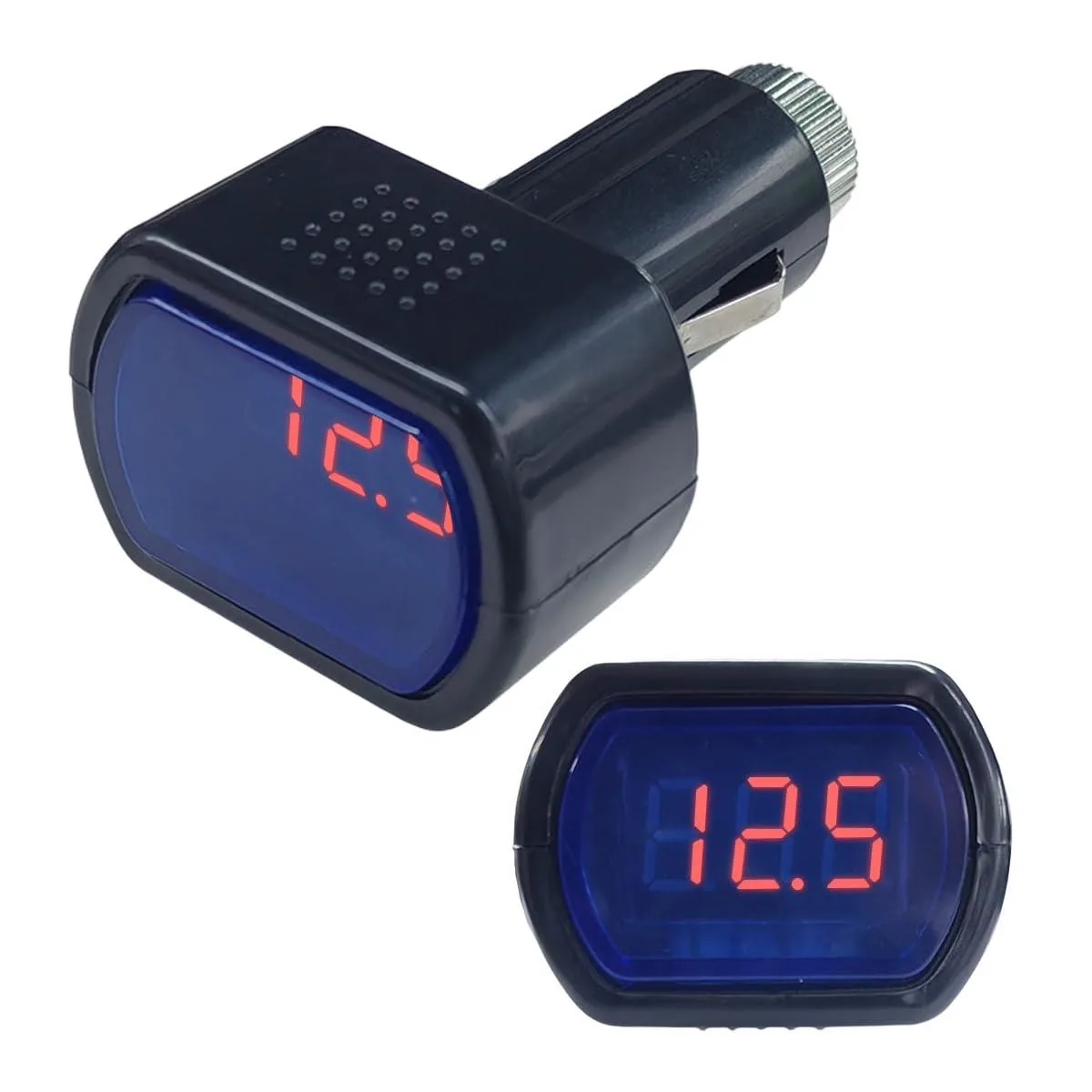 Black rectangular digital voltmeter with LED display and cigarette lighter plug