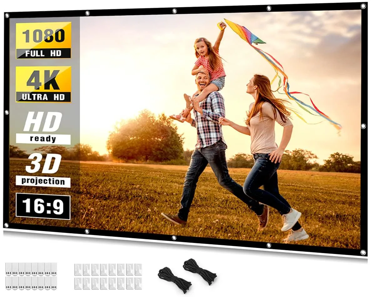 White rectangular polyester projector screen, 100 inch diagonal, thin foldable material with hooks and ropes visible