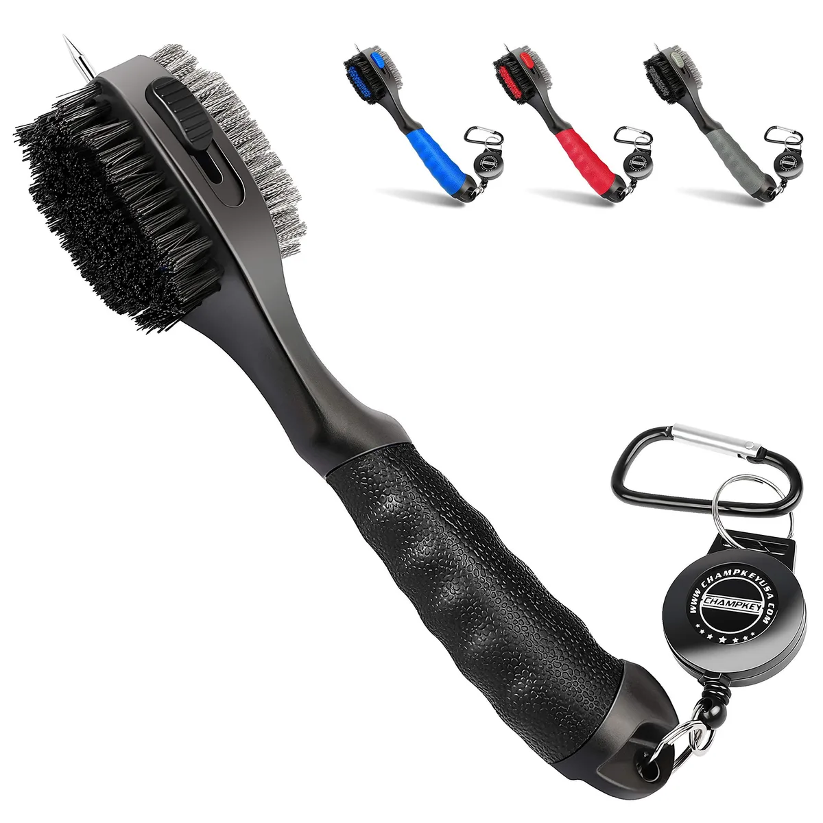 Black golf club brush with oversized head, rubber grip, retractable groove cleaner