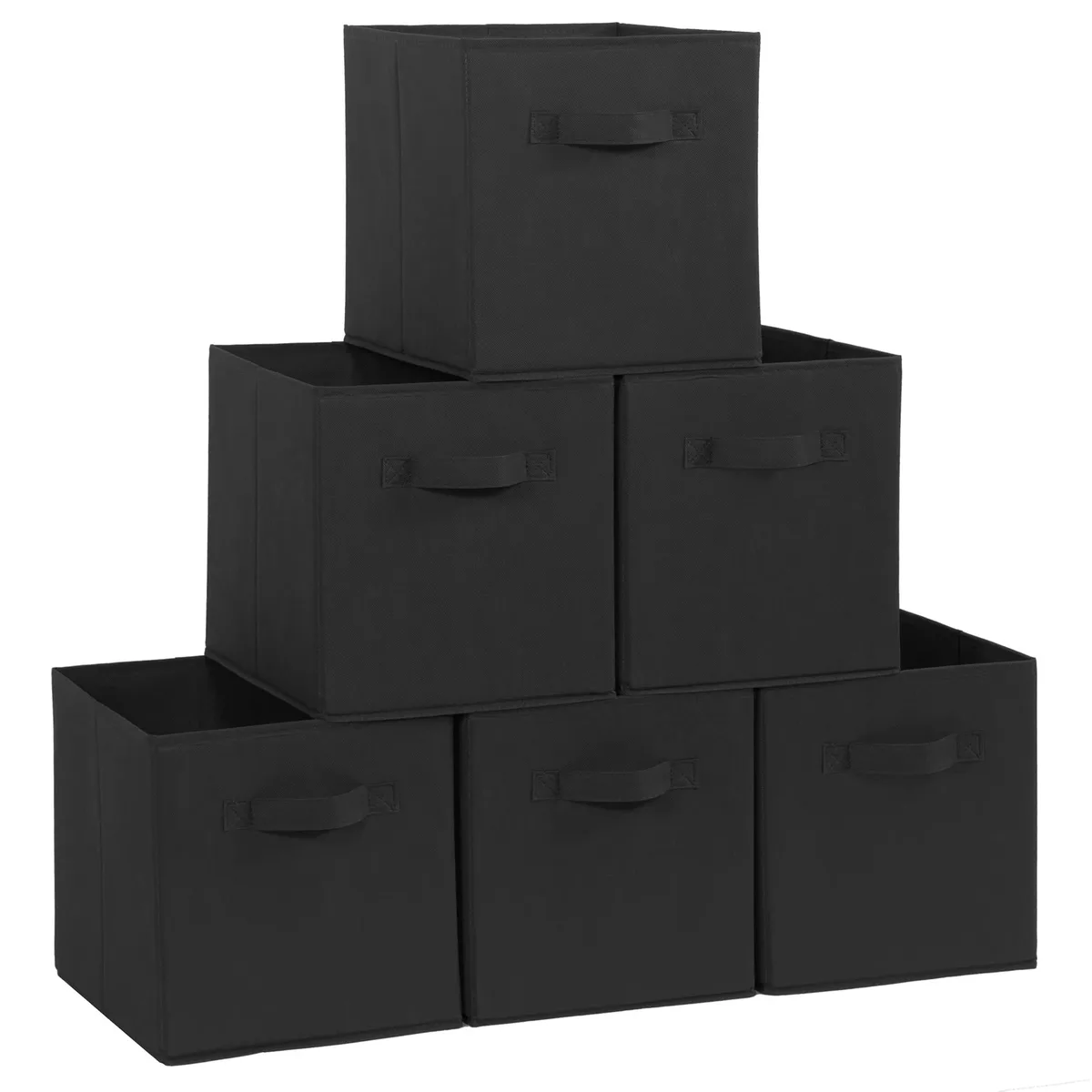 Six black fabric bins with handles folded flat
