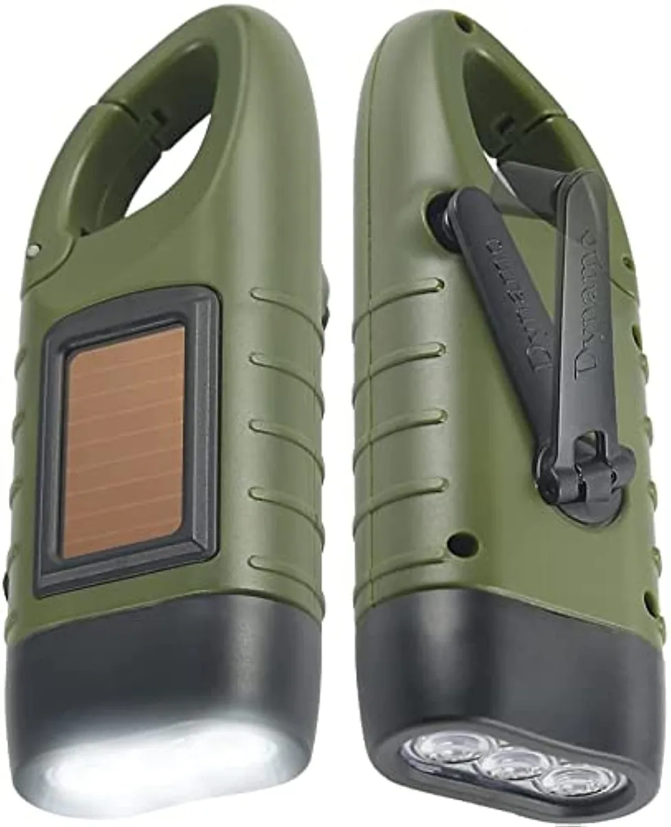 Two army-green rectangular flashlights with carabiners and hand cranks