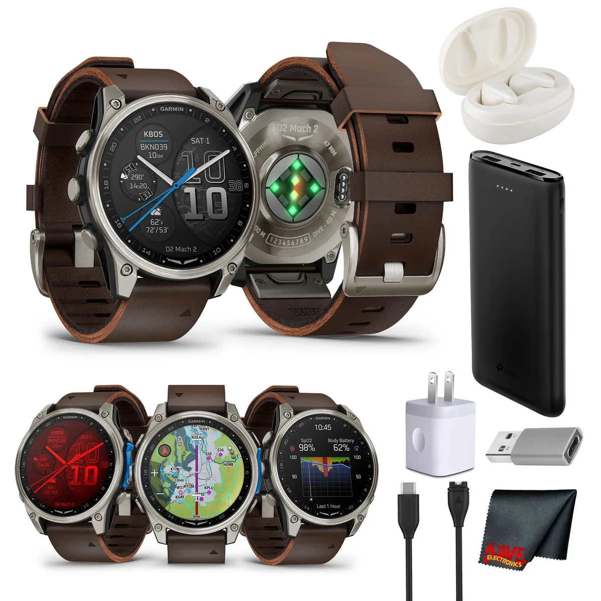 Garmin Garmin D2 Mach 2 Aviator Smartwatch 47 mm Titanium Oxford Brown Bundle — product photo