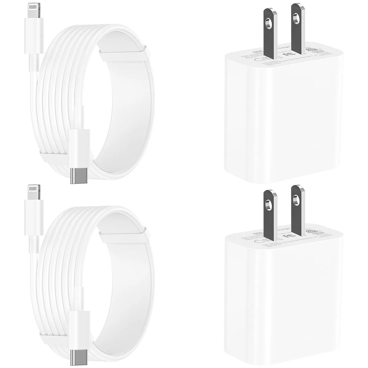 Two compact white USB-C wall chargers and two long white Lightning cables