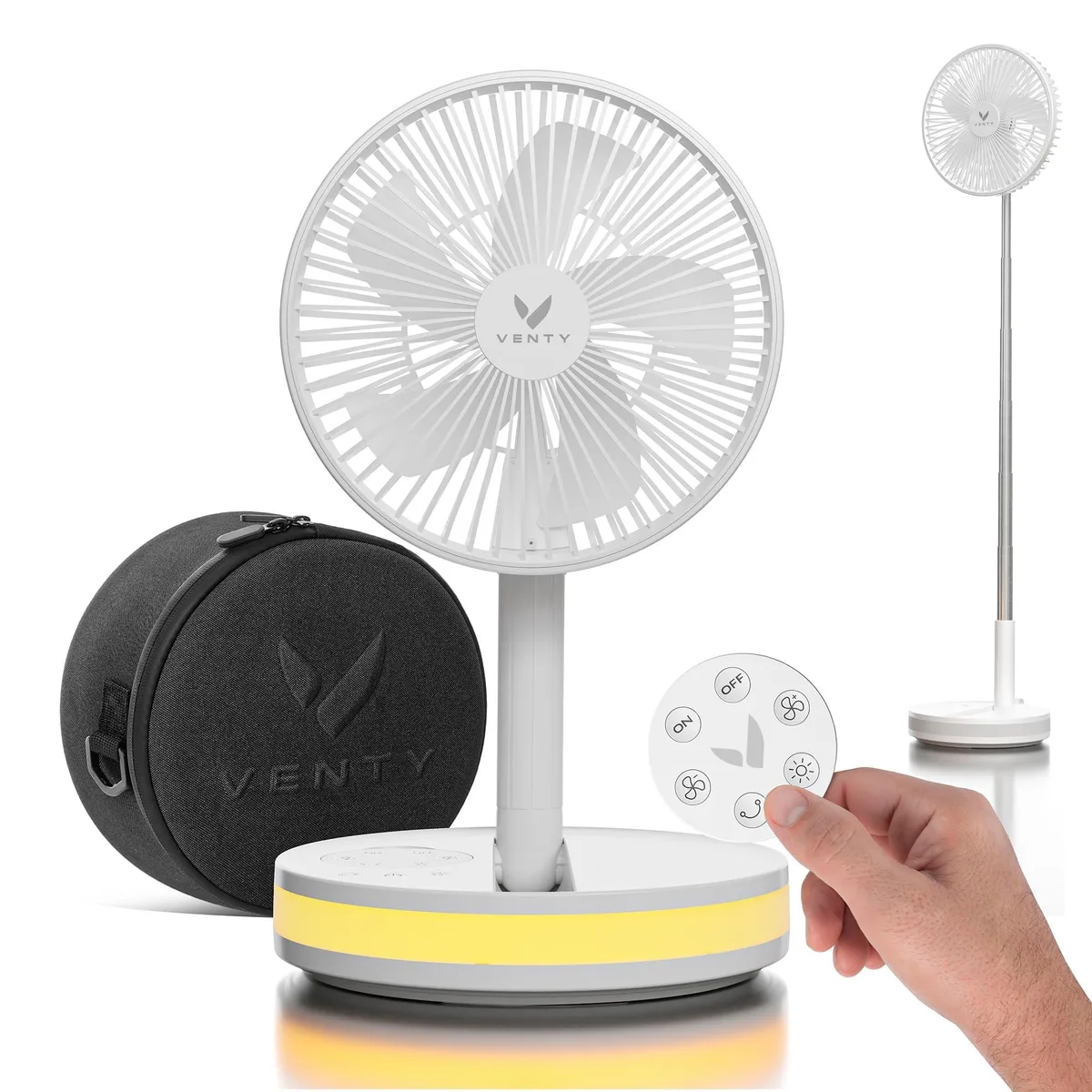  VENTY Portable Fan 4 Speed LED Remote 16000mAh Power Bank White with Case — product photo