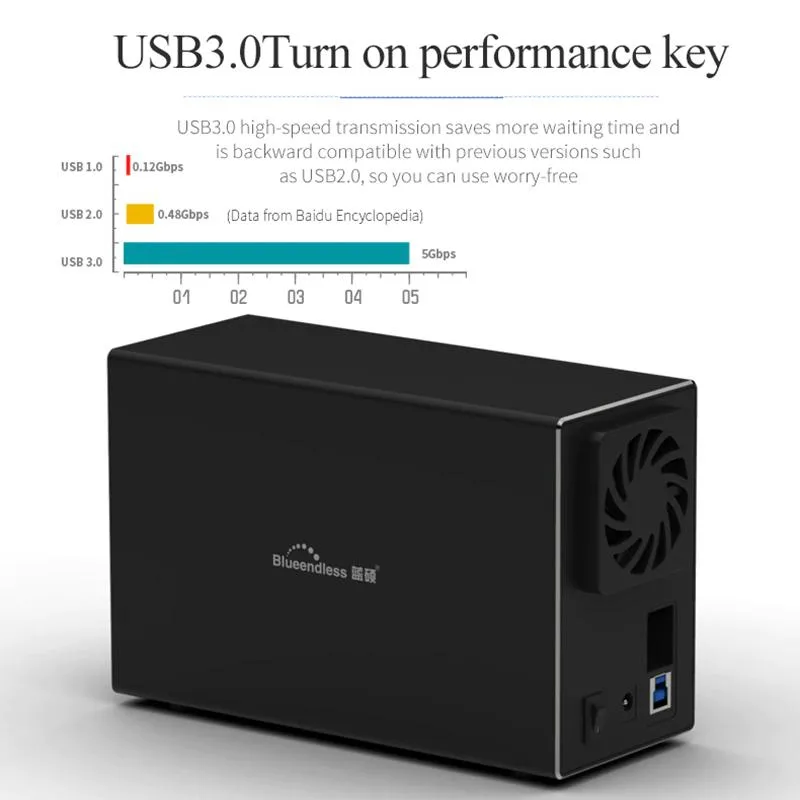 Hetai Tech Hetai Tech Aluminum Tool-Free 2-Bay 3.5" SATA USB 3.0 Enclosure Black 2x 10TB — product photo