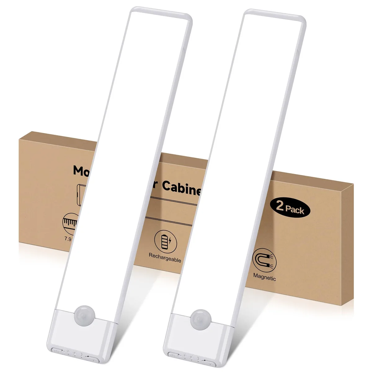 Two white 8 inch LED bars with clear prismatic covers, magnetic stick-on mounting