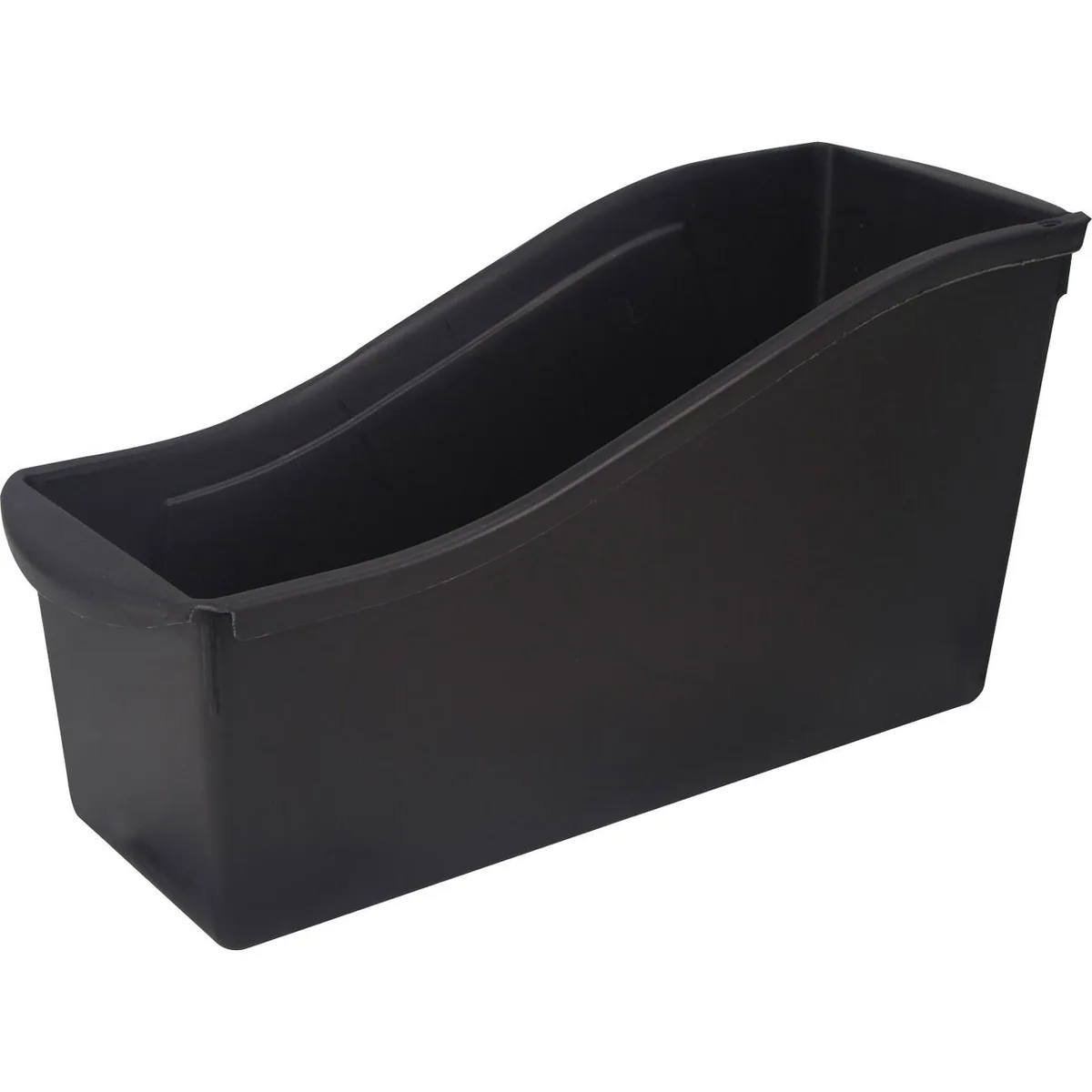 Six black plastic book bins with open fronts and handles