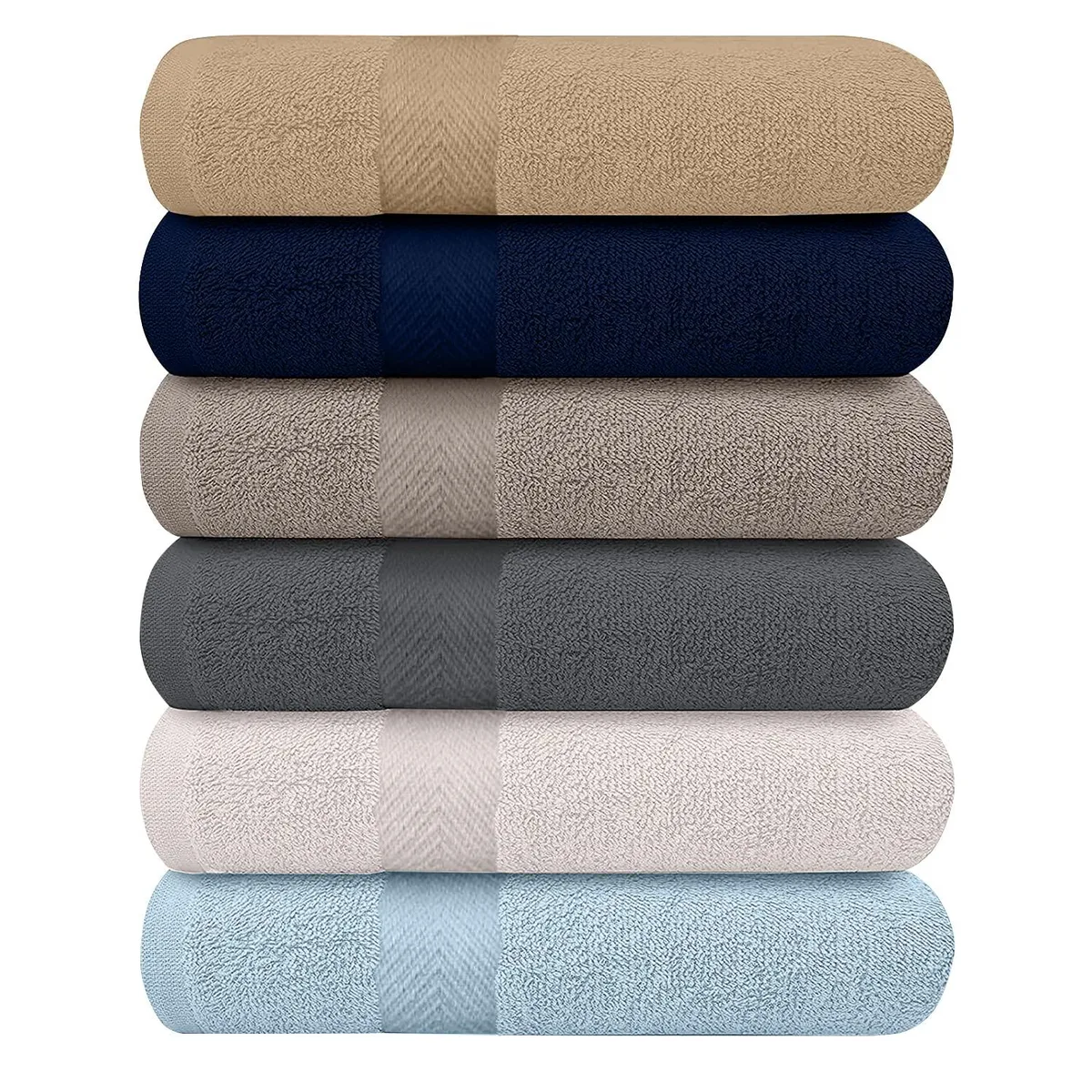 Six multicolour cotton bath towels folded in a stack