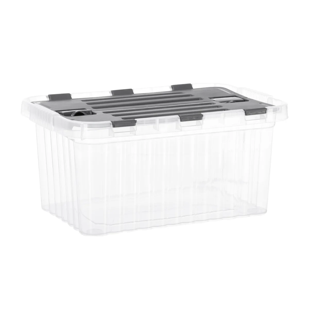 Red rectangular plastic storage bin with clear sides and attached grey hinged lid