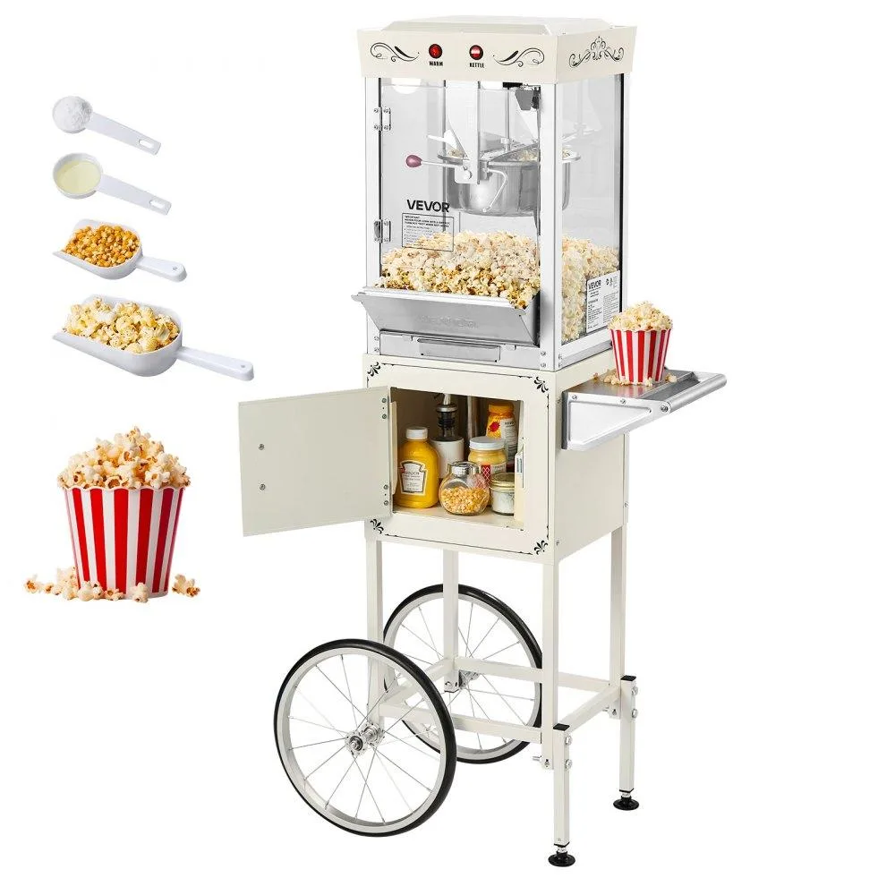 White popcorn machine on a wheeled cart with an 8 oz stainless steel kettle and glass walls