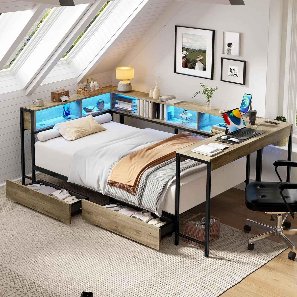 tuphen tuphen Corner Bed Frame Twin Grey with Bookcase 2 Drawers LED Charging Station — product photo