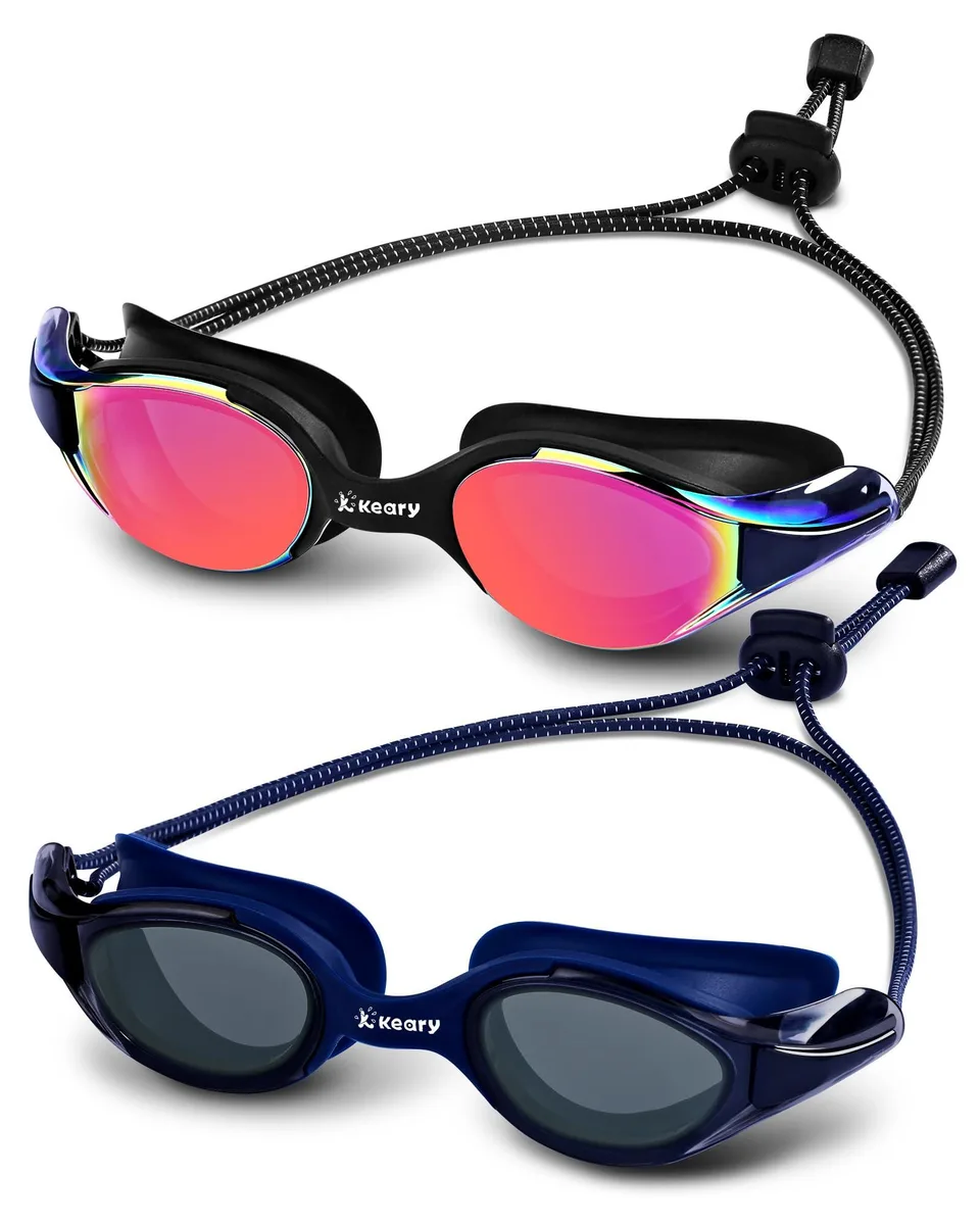 Two black swim goggles with bungee straps and silicone seals