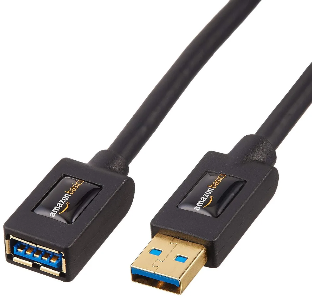 Two black USB 3.0 extension cables with gold-plated A-male to A-female connectors