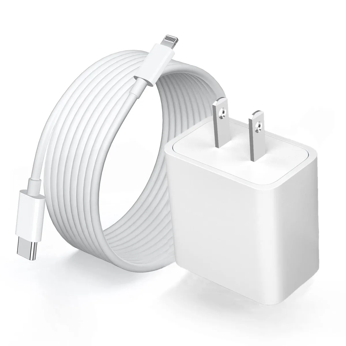 White USB-C wall charger with 6-foot white Lightning cable