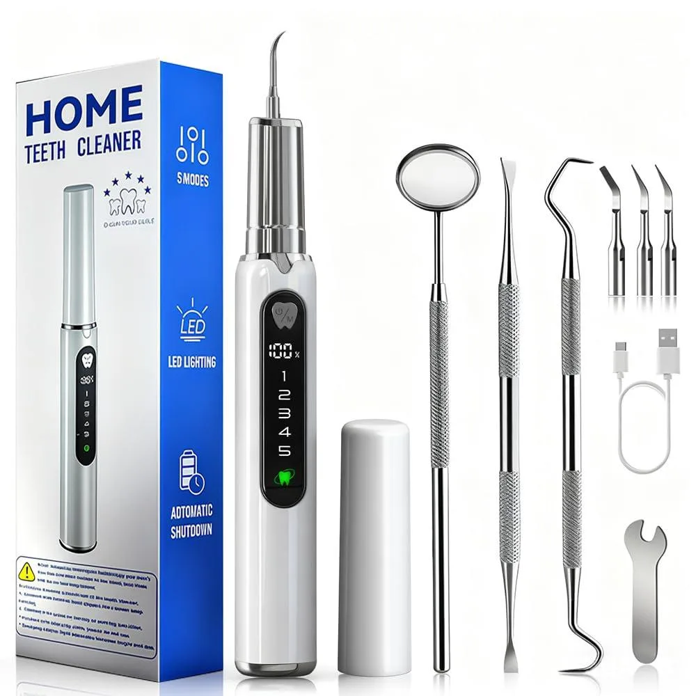 White Waterpik G68-1 plaque remover with LED light, USB-C charging, four metal tips and mirror
