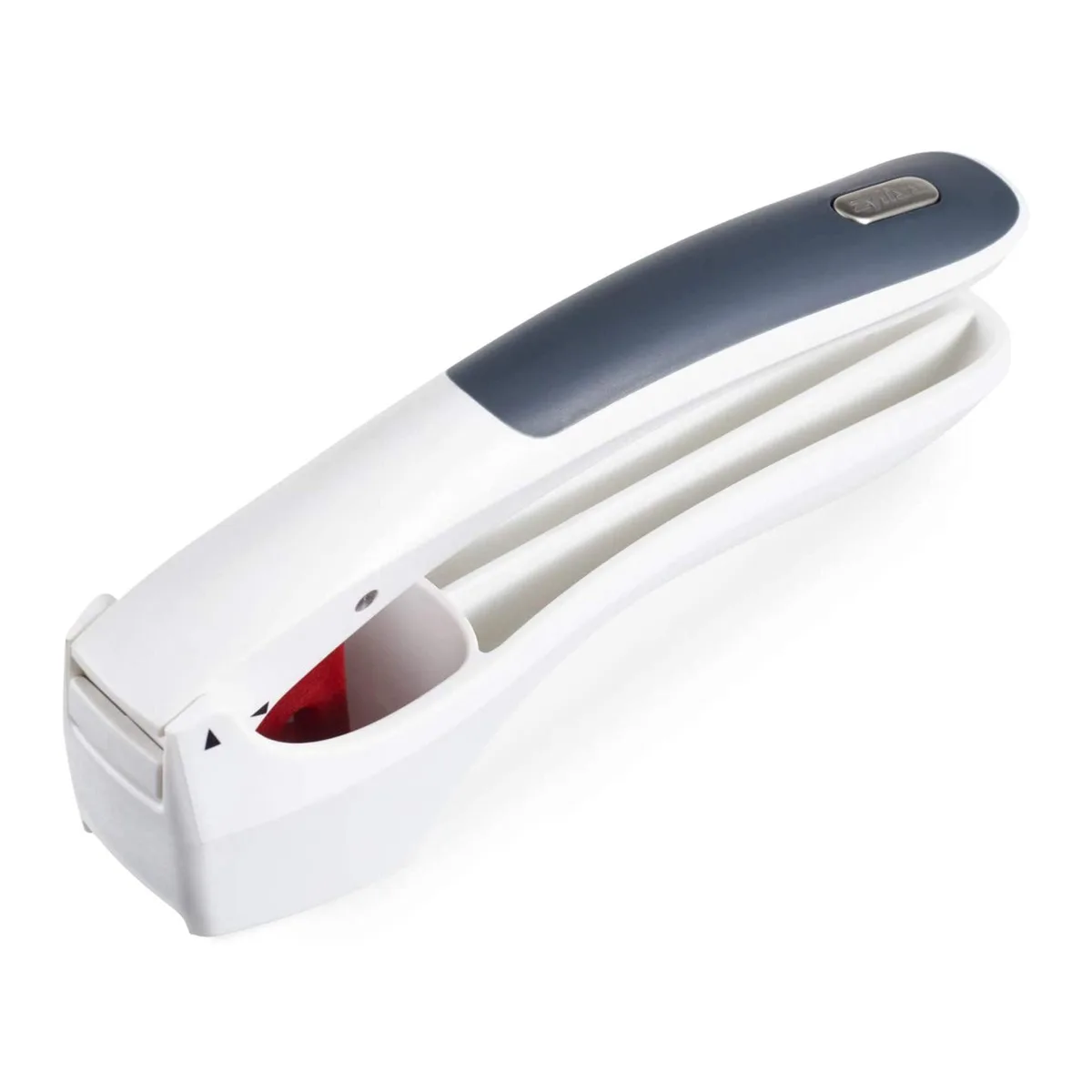 White and grey plastic garlic press with large hopper