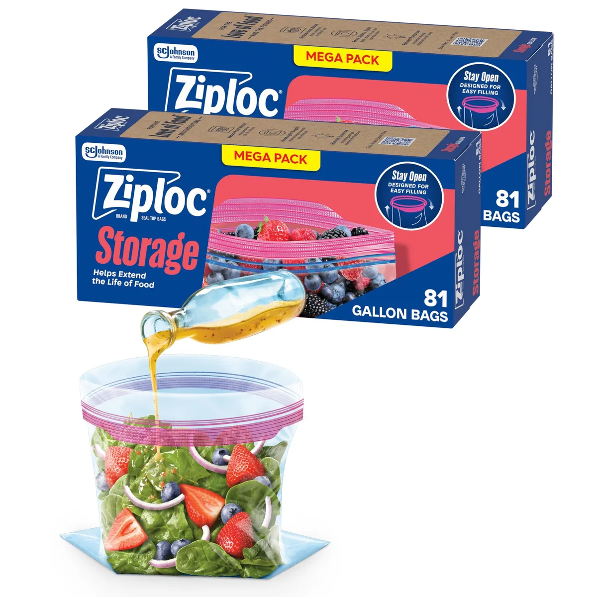 Box of 162 medium plastic storage bags with stand-up bottom and zipper closure
