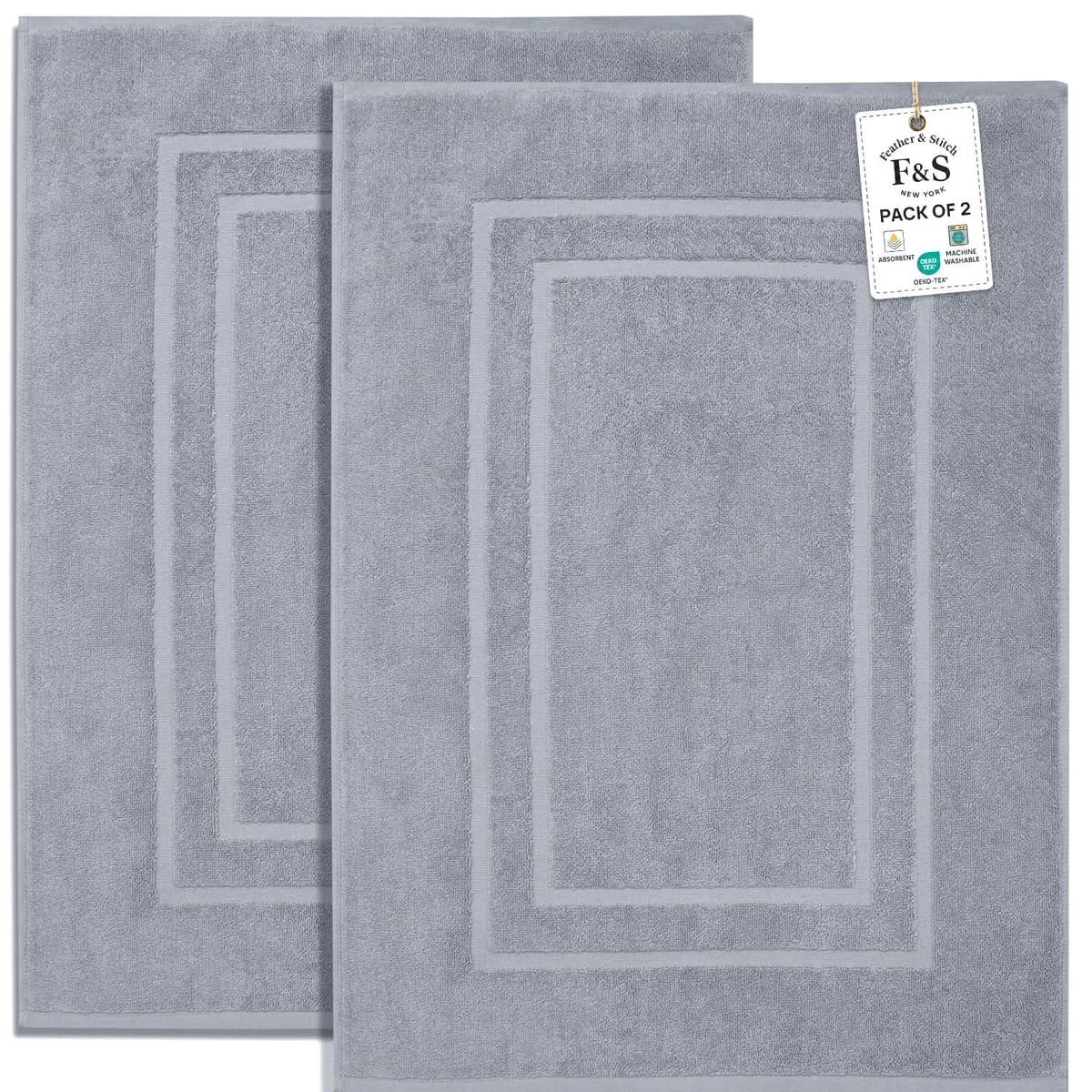 Two grey cotton terry bath mats 30 by 21 inches
